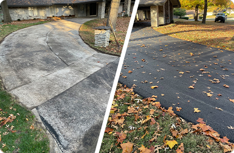 Comparison of before and after driveway resurfacing with asphalt overlay, showing improved surface and autumn leaves