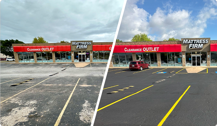 Comparison of before and after parking lot resurfacing outside Mattress Firm Clearance Outlet store