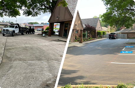 Comparison of before and after asphalt resurfacing for a commercial lot, showing an improved surface with designated parking spaces