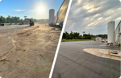 Comparison of before and after commercial parking lot resurfacing, showing a smooth asphalt surface with surrounding industrial buildings