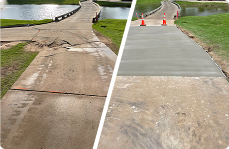 Comparison of before and after concrete driveway repair and resurfacing, showing cracked concrete replaced by a smooth new surface near a pond