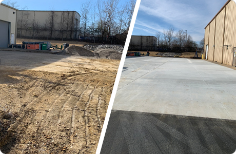 Comparison of before and after concrete installation for an industrial yard, showing a transformation from dirt and gravel to a smooth concrete surface