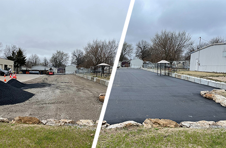 Comparison of before and after new asphalt installation for a parking area, showing improvement from gravel to smooth asphalt surface