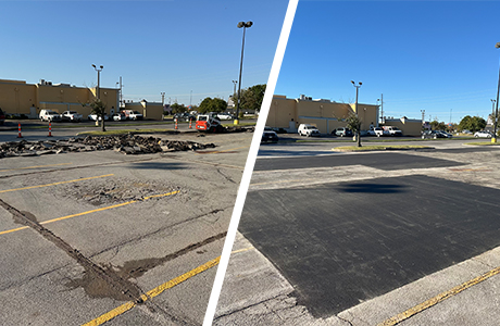 Comparison of before and after asphalt patching in a parking lot, showing repaired potholes and smooth surface